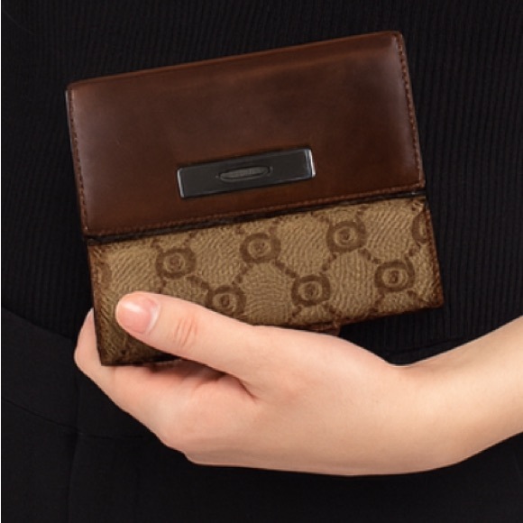 Gucci Vintage Brown Leather Canvas GG Bifold Wallet - Picture 1 of 9